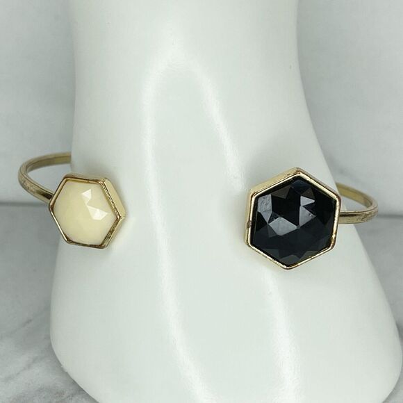 Gold Tone Black and White Geometric Cuff Bangle Bracelet - Picture 1 of 8
